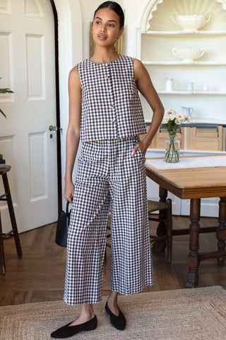 Love Tomas Button Front Wide Hem Top, Cocoa Gingham