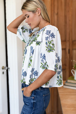 TS EF Love Tomas Puff Isla Top, Blue Clematis Flowers + Midnight Embroidery