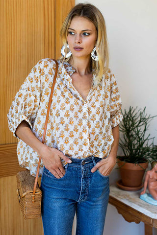 Love Tomas by EF Mandarin Collar Top, Little Marigolds