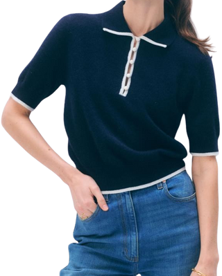 White & Warren Cashmere Button Polo, Deep Navy