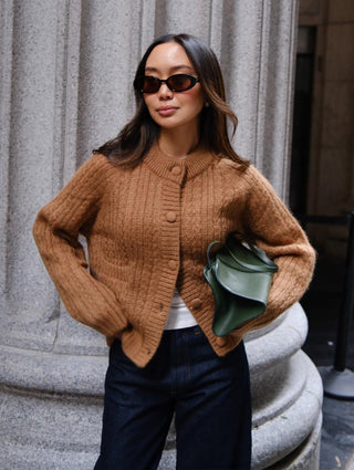 White & Warren Mohair Blend Cardigan, Camel Brown
