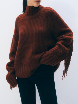 White & Warren Cashmere Luxe Fringe Turtleneck, Dark Cognac