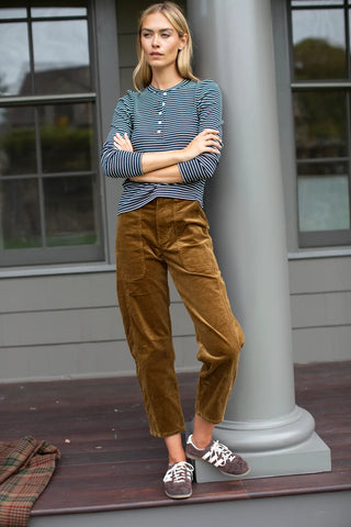 Marea Puff Sleeve Henley, Navy Ivory Stripe