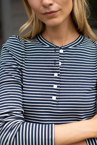 Marea Puff Sleeve Henley, Navy Ivory Stripe