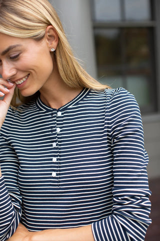 Marea Puff Sleeve Henley, Navy Ivory Stripe