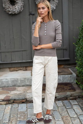 Marea Puff Sleeve Henley, Chocolate Ivory Stripe