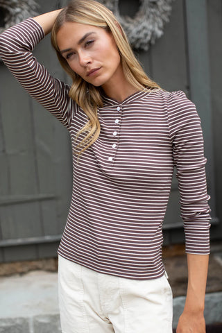 Marea Puff Sleeve Henley, Chocolate Ivory Stripe