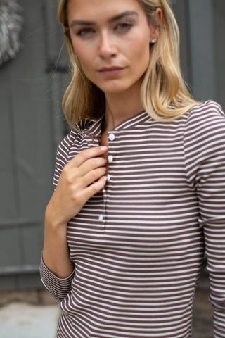 Marea Puff Sleeve Henley, Chocolate Ivory Stripe