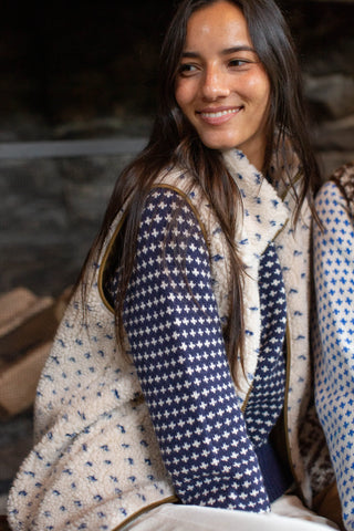 Marea Lodge Sweater, Navy Ivory Birdseye