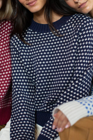 Marea Lodge Sweater, Navy Ivory Birdseye