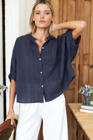 Love Tomas Mandarin Collar Top, Midnight Seersucker