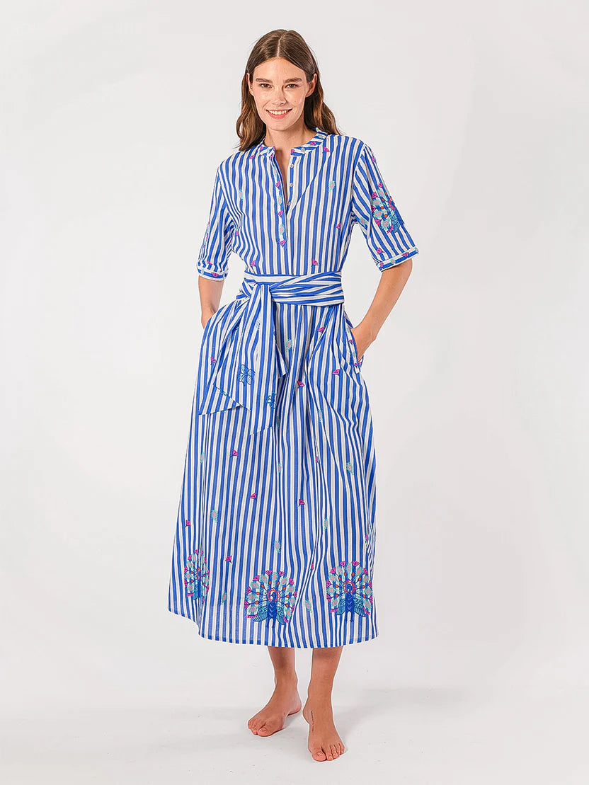 Nimo With Love Cassia Dress, Stripe Peacock Embroidery - XS Nimo With Love Cassia Dress, Stripe Peacock Embroidery - XS