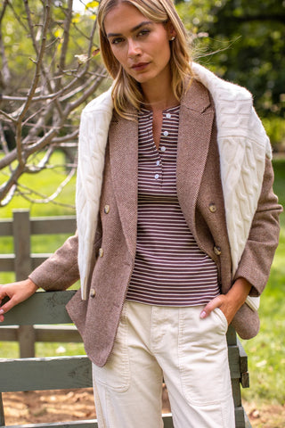 Marea Puff Sleeve Henley, Chocolate Ivory Stripe