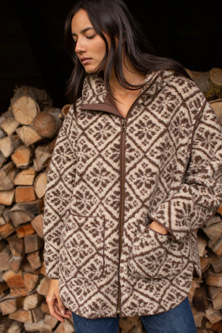 Marea Hooded Sherpa Jacket, Chocolate Jacquard