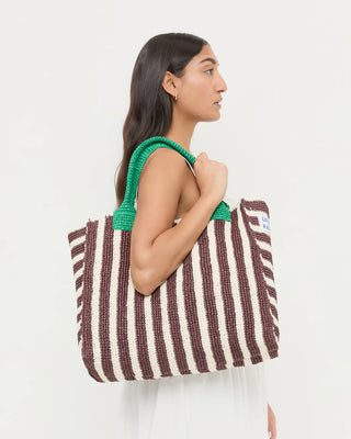 Loeffler Randall Sol Crochet Beach Tote, Green Brown White Stripe