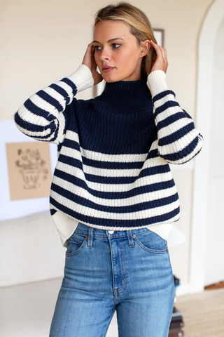 Emerson Fry Carolyn Funnel Neck Sweater, Navy Colorblock Stripe Organic