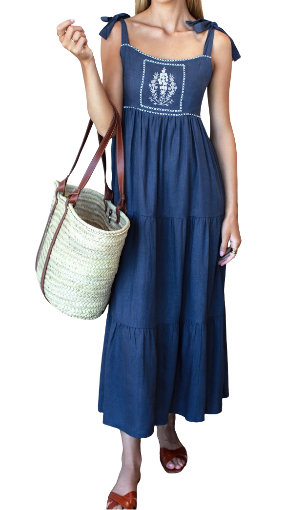 Sara Tier Dress - Blue Indigo + White Embroidery Linen XS