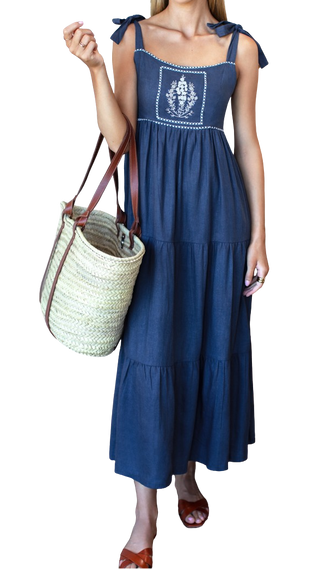 Love Tomas Sara Tier Dress, Blue Indigo + White Embroidery Linen